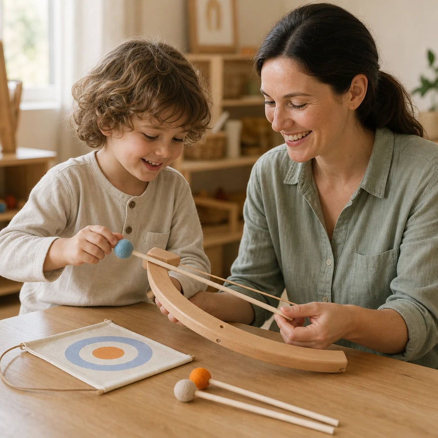 Child playing with the Bow and Arrow Set Wooden Archery Toy