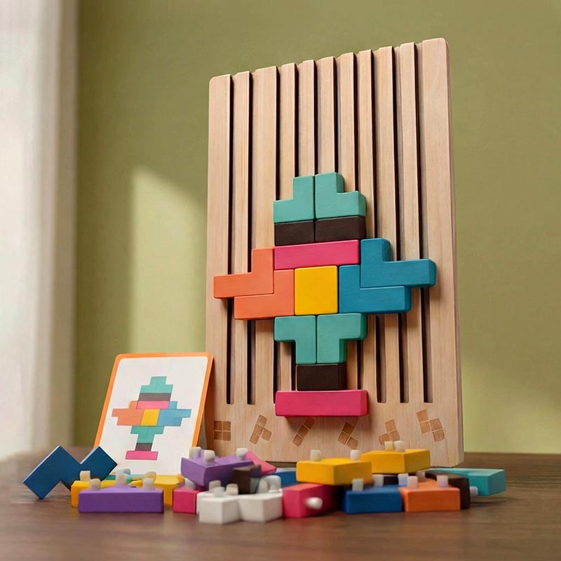 Brain blocks arranged into a pattern on a wooden stand with a design card