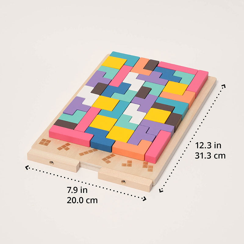 Brain blocks tray with all its pieces in place, shown with dimensions