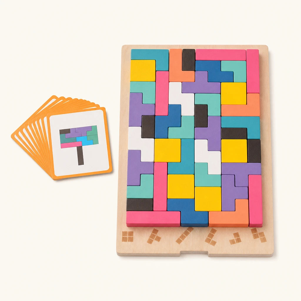 Brain Blocks Wooden Tetris Puzzle for Kids 3+ shown complete on a plain background