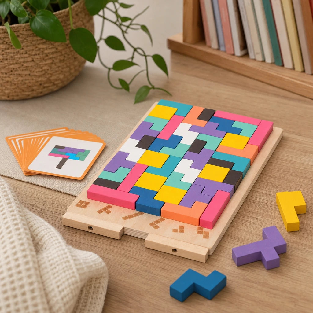 Brain Blocks Wooden Tetris Puzzle for Kids 3+ set out on a real table at home