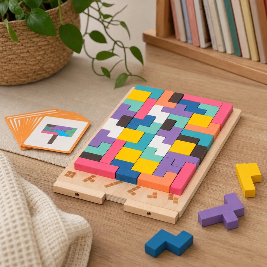 Brain Blocks Wooden Tetris Puzzle for Kids 3+ set out on a real table at home