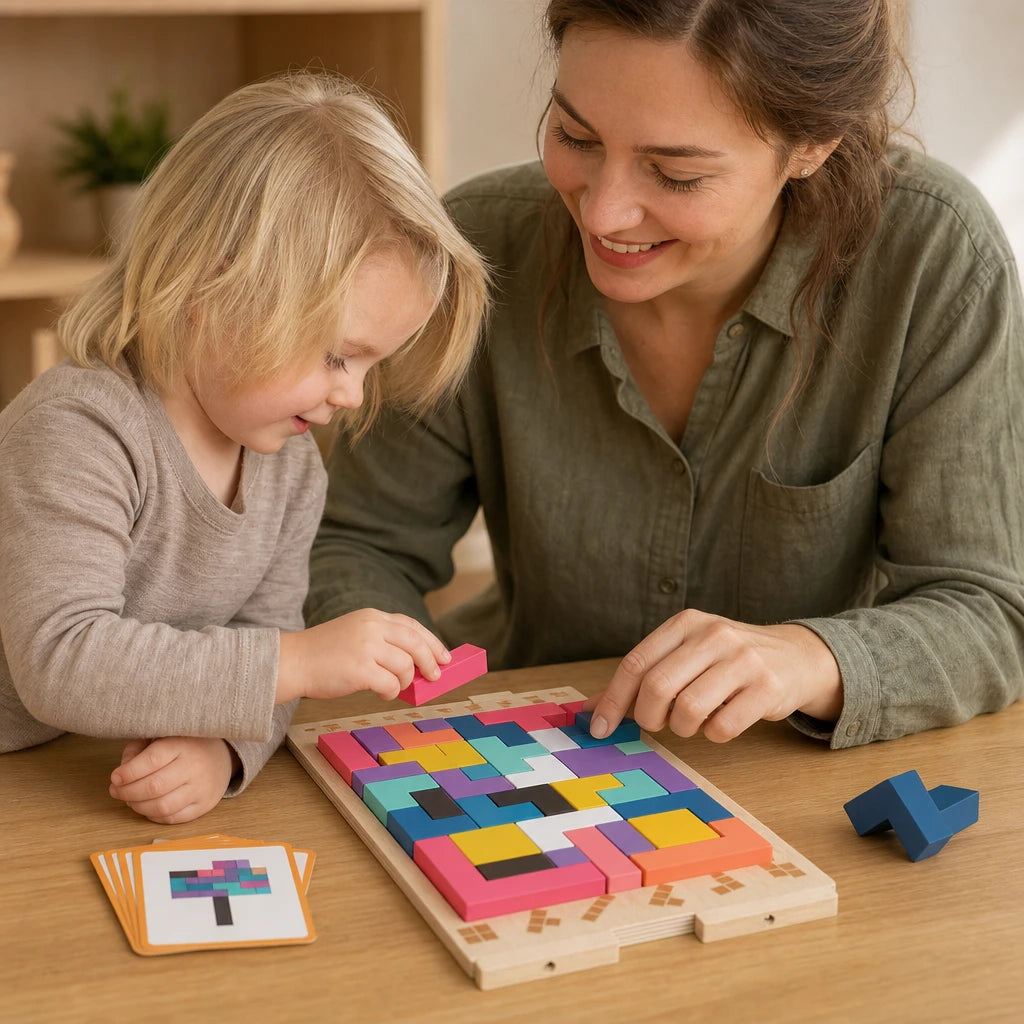 Child playing with the Brain Blocks Wooden Tetris Puzzle for Kids 3+