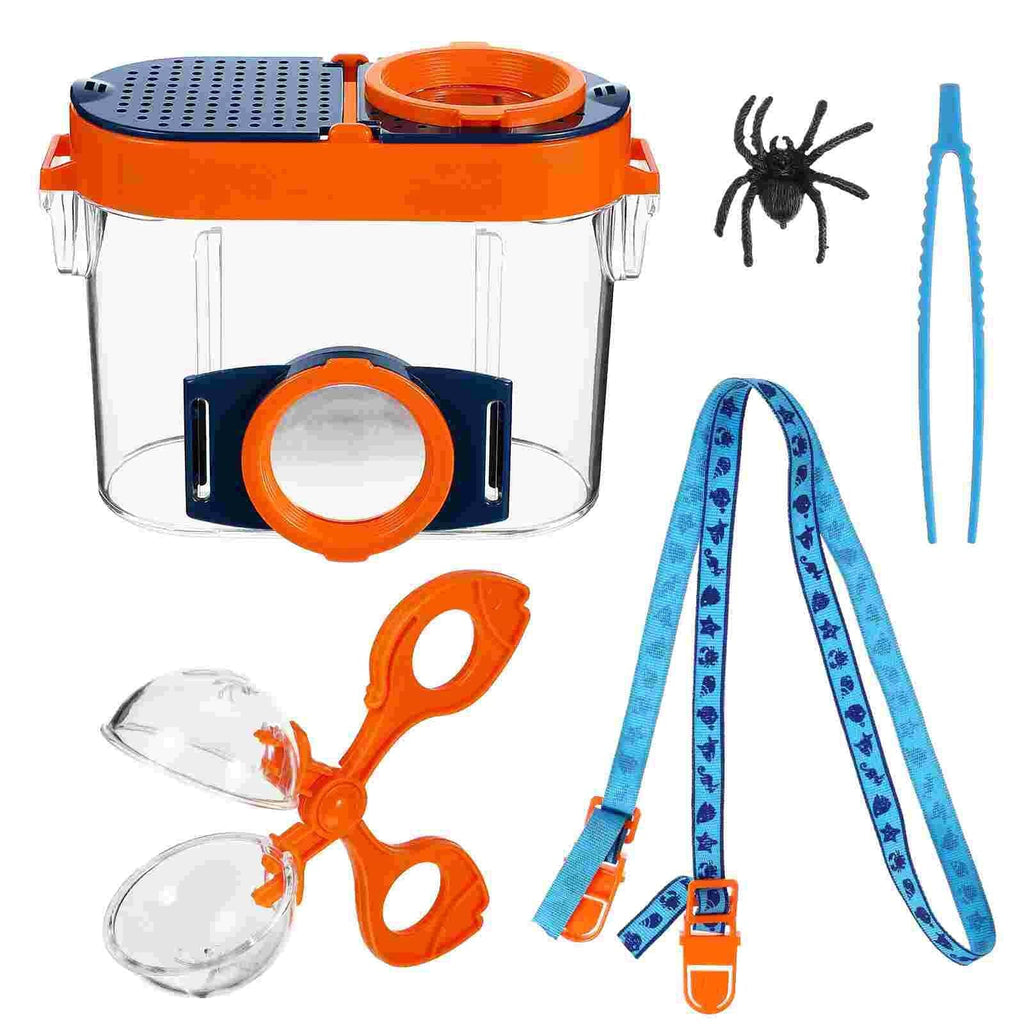 Bug catcher kit with viewer jar, tongs, tweezers and lanyard