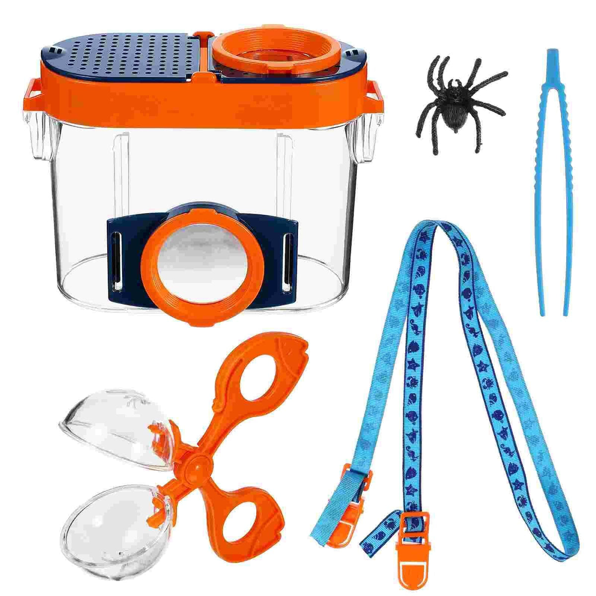 Bug catcher kit with viewer jar, tongs, tweezers and lanyard