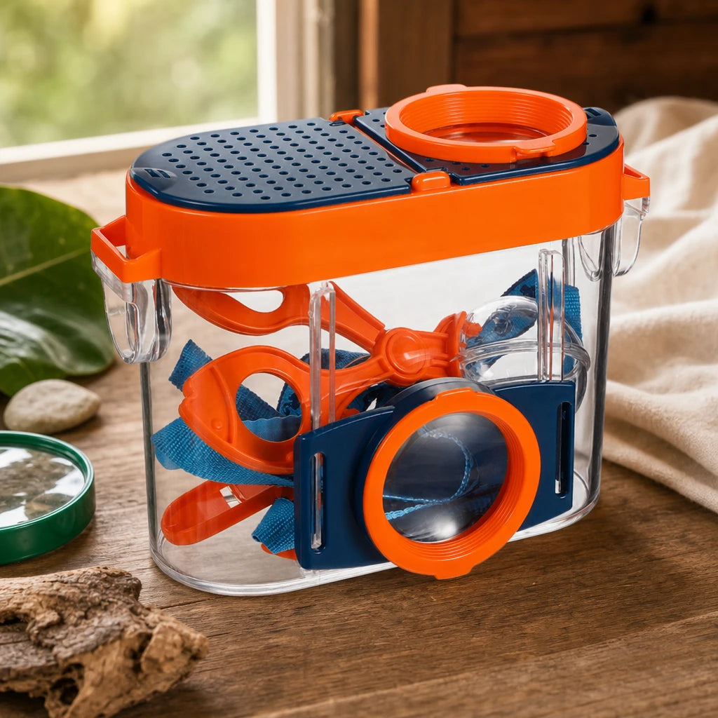 Bug Catcher Kit with Magnifying Viewer & Tools set out on a real table at home
