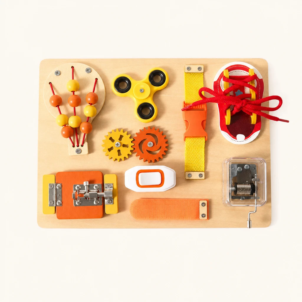 Busy Board for Toddlers with Sensory Activities shown complete on a plain background