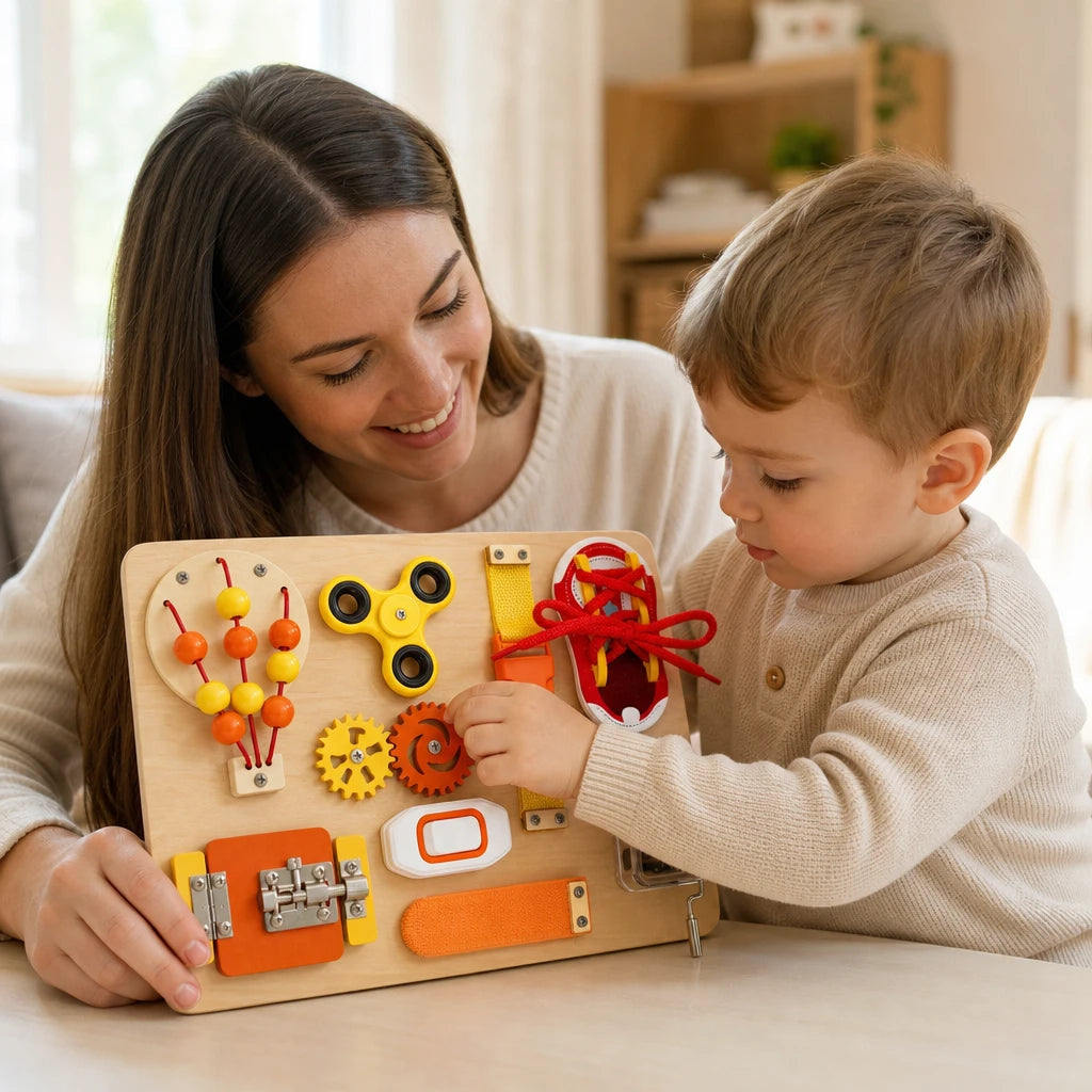 Child playing with the Busy Board for Toddlers with Sensory Activities
