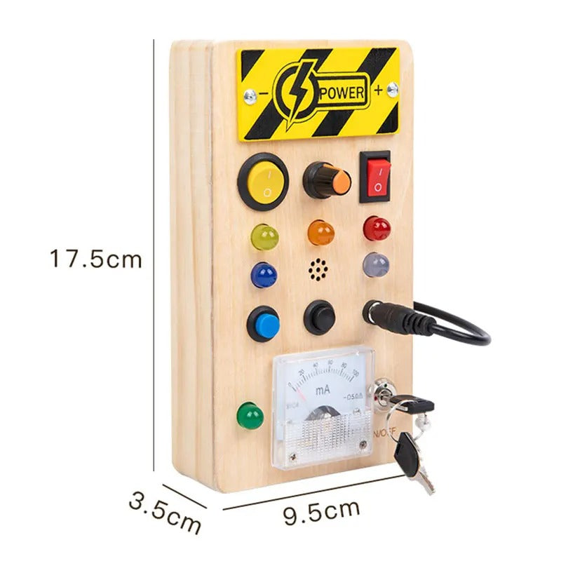 LED busy board panel with switches, dials and key, shown with dimensions