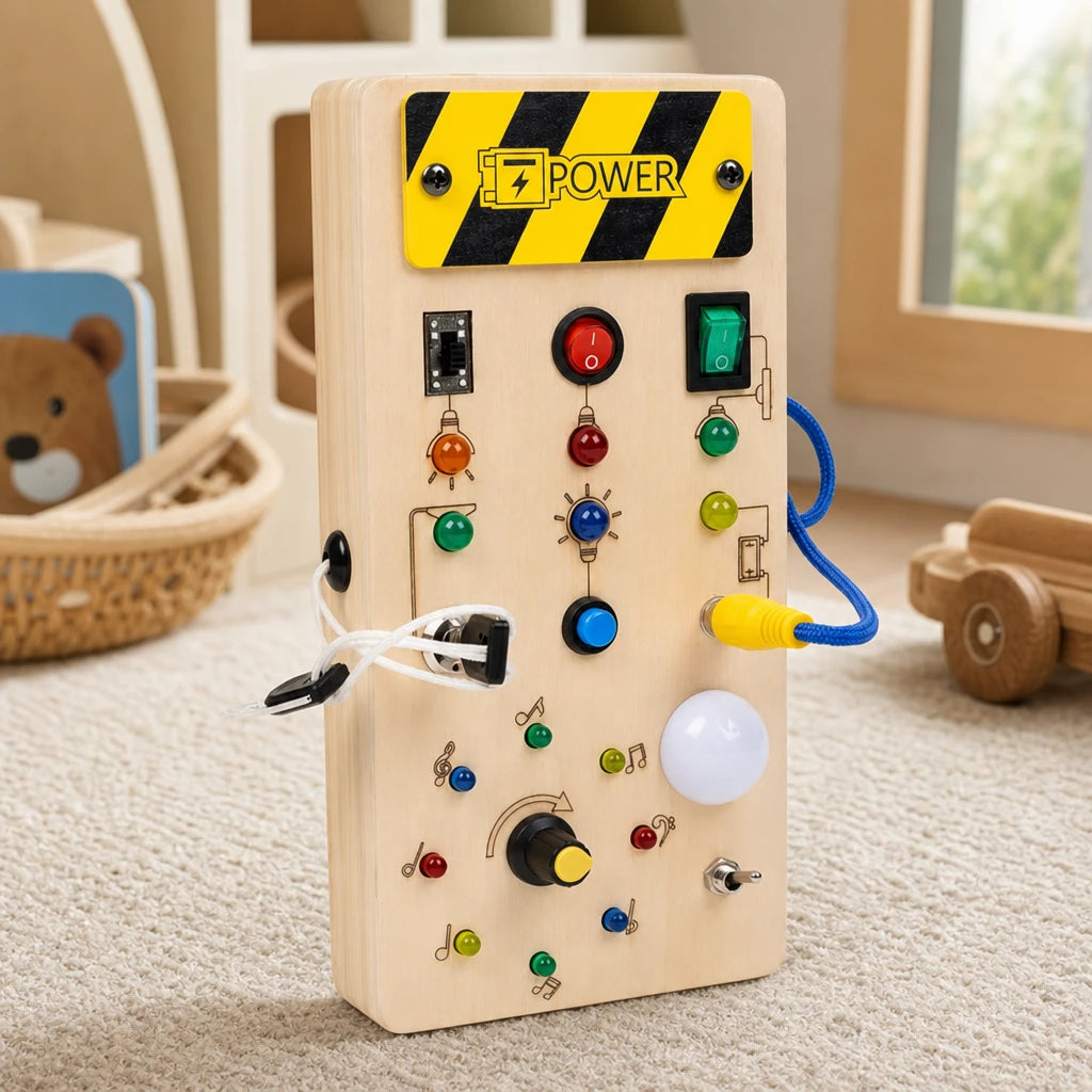 Busy Board LED Interactive Montessori Activity Panel set out on a real table at home