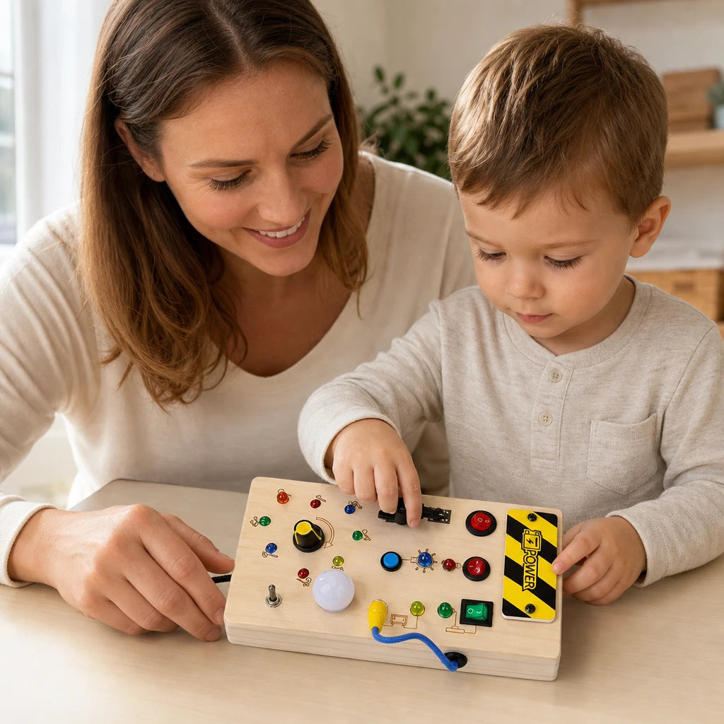 Child playing with the Busy Board LED Interactive Montessori Activity Panel