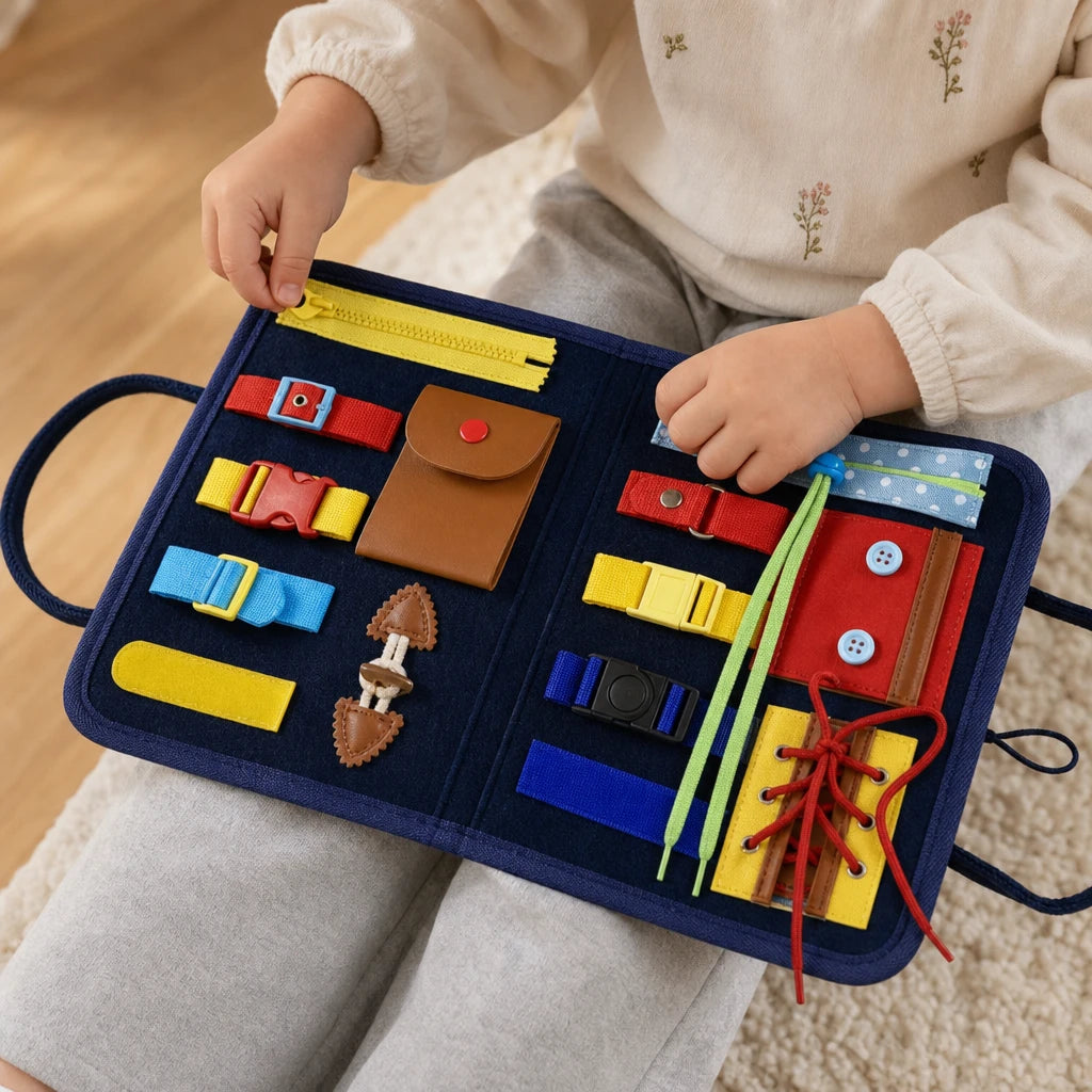 Close-up of a child's hands using the Busy Board Toddler Activity Board with Zippers