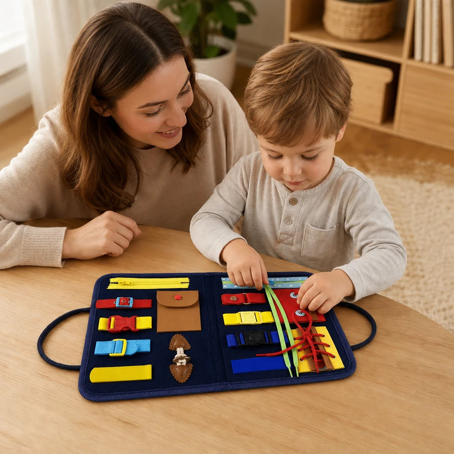 Child playing with the Busy Board Toddler Activity Board with Zippers