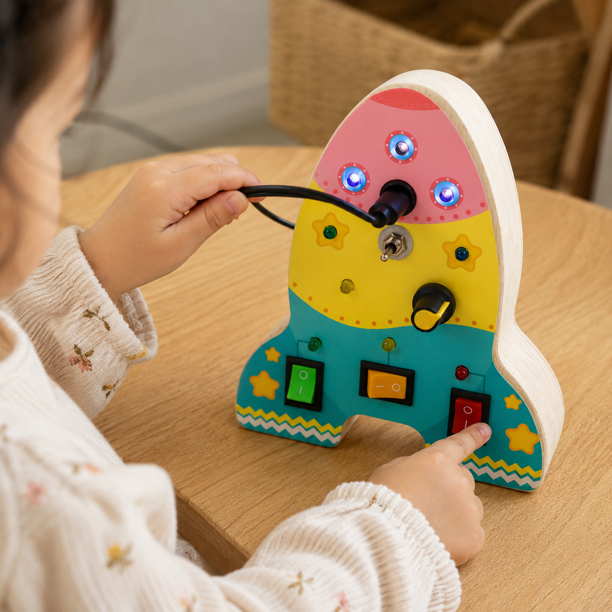 Busy Board Toddler LED Rocket Pink - utilisation close up