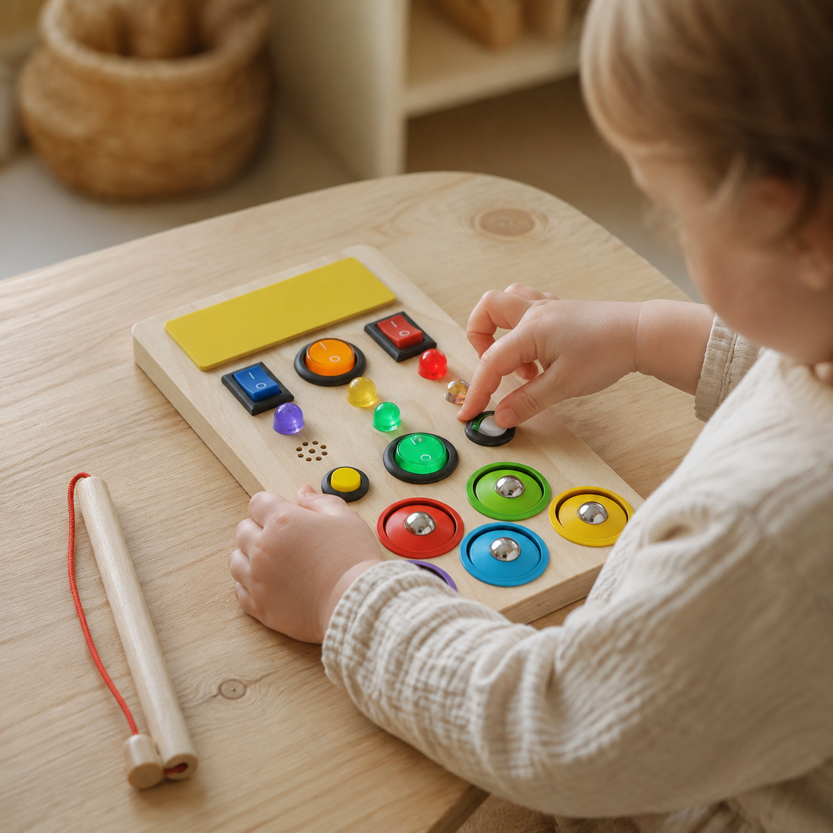 Busy Board Toddler LED Switches & Lights - utilisation close up
