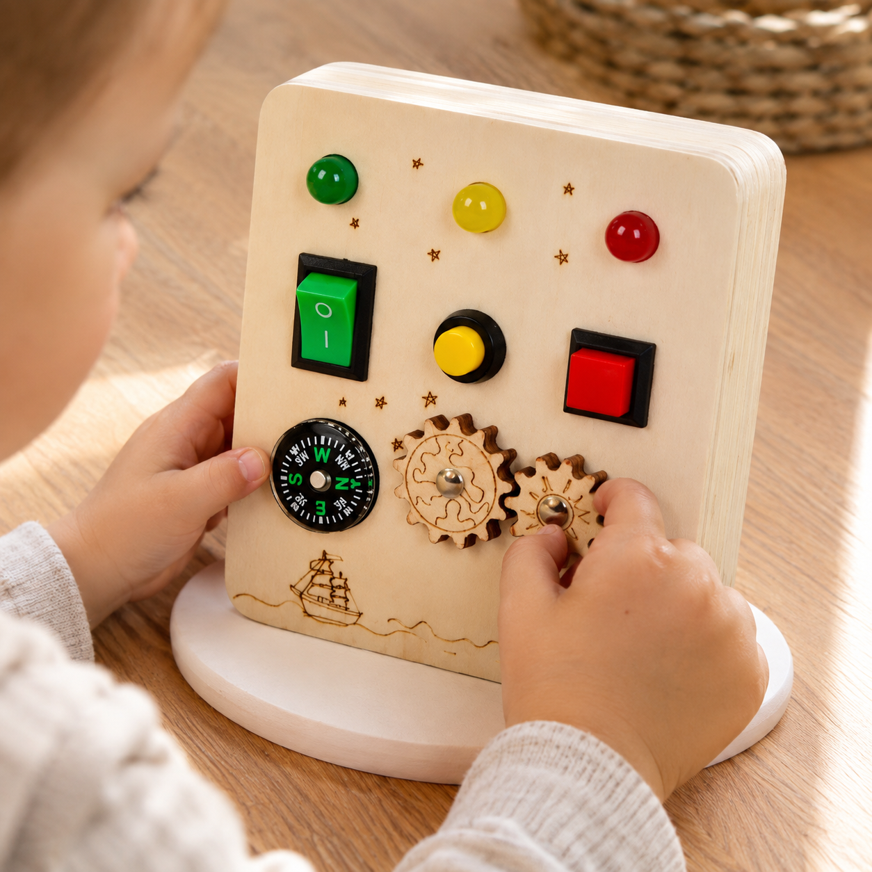 Busy Board Wooden Gear and Compass Toy - utilisation close up