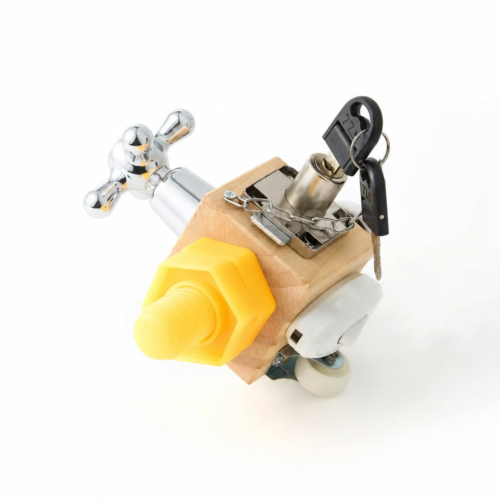 Busy cube faces with tap, bolt, latch and key mechanisms