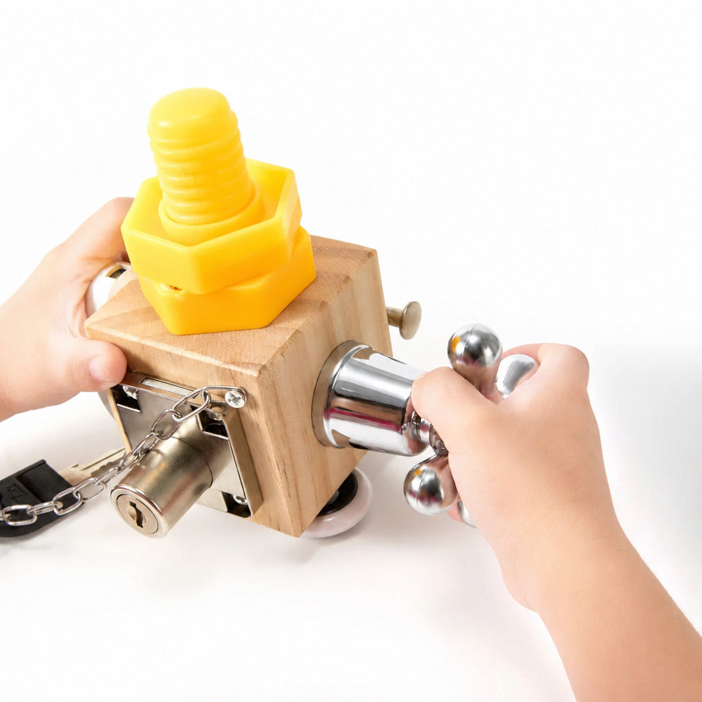 Toddler twisting the large yellow screw on the busy cube