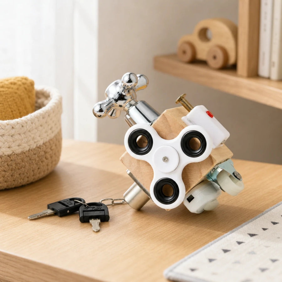 Busy Cube Multi-Activity for Toddlers set out on a real table at home