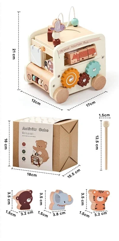 Animal tourism bus activity cube shown with packaging and dimensions