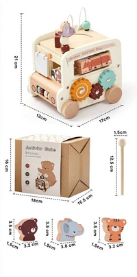Animal tourism bus activity cube shown with packaging and dimensions