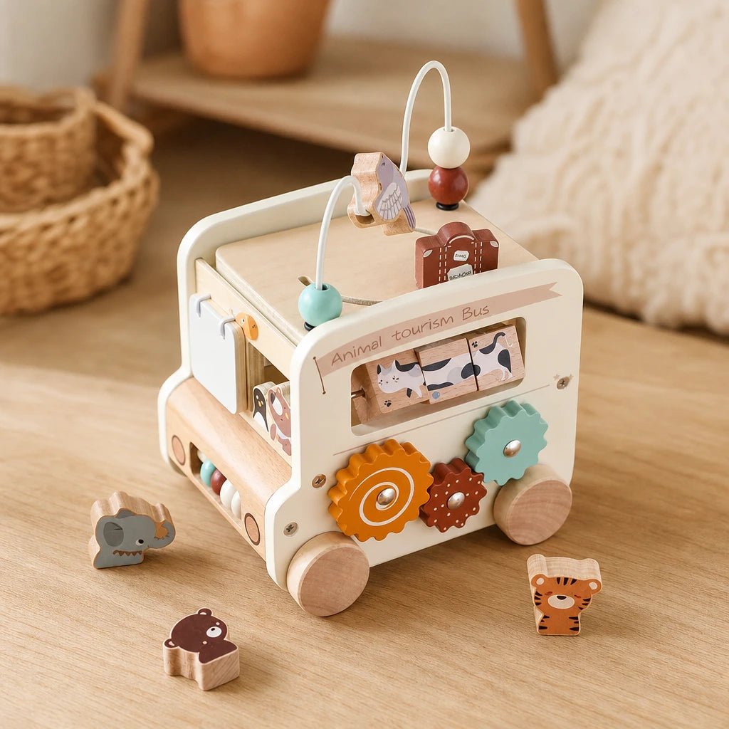 Car Busy Board 5-in-1 Animal Tourism Bus set out on a real table at home