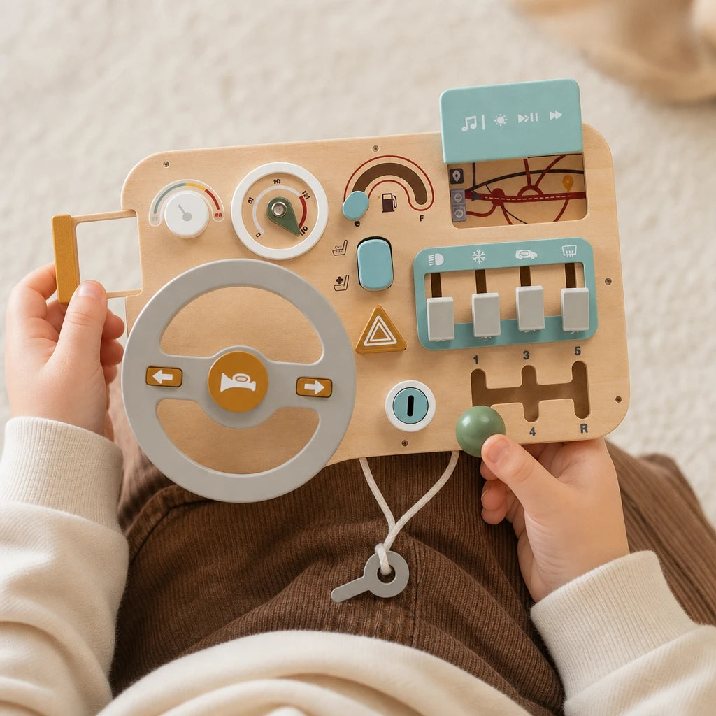 Close-up of a child's hands using the Car Busy Board - Wooden Activity Dashboard
