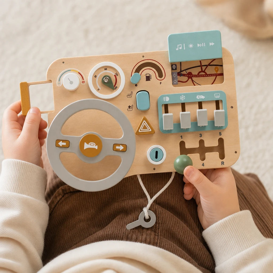 Close-up of a child's hands using the Car Busy Board - Wooden Activity Dashboard