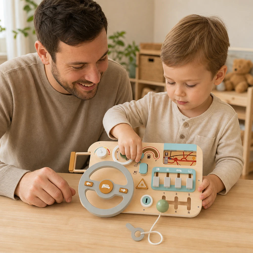 Child playing with the Car Busy Board - Wooden Activity Dashboard