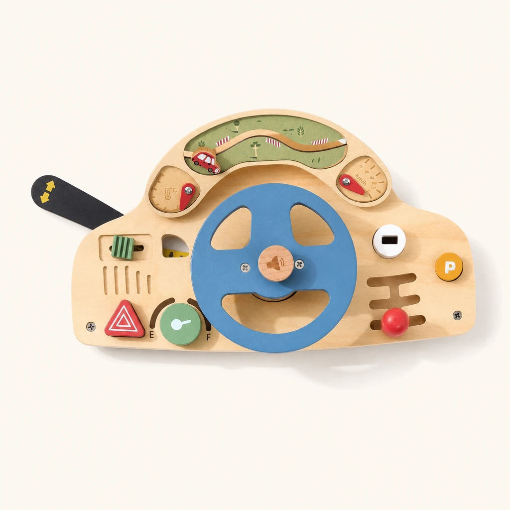Car Busy Board Wooden Steering Wheel with Activities shown complete on a plain background
