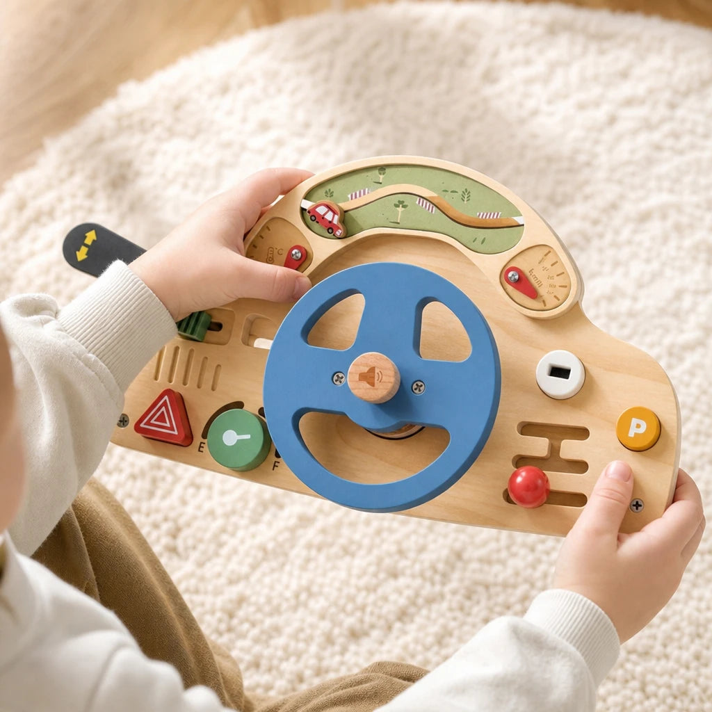 Close-up of a child's hands using the Car Busy Board Wooden Steering Wheel with Activities