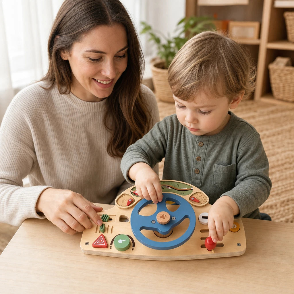 Child playing with the Car Busy Board Wooden Steering Wheel with Activities