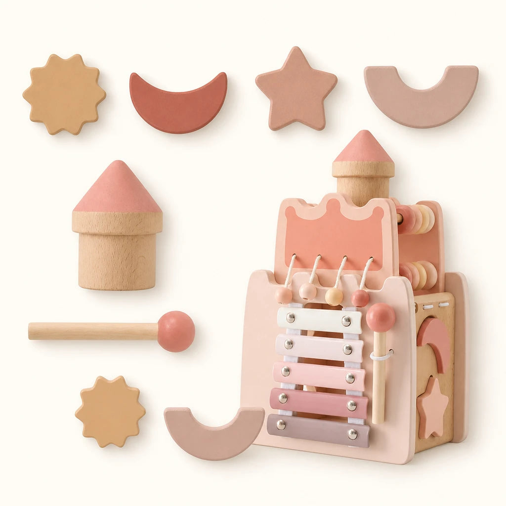 Castle Xylophone Toy with Shape Sorter & Hammer shown complete on a plain background