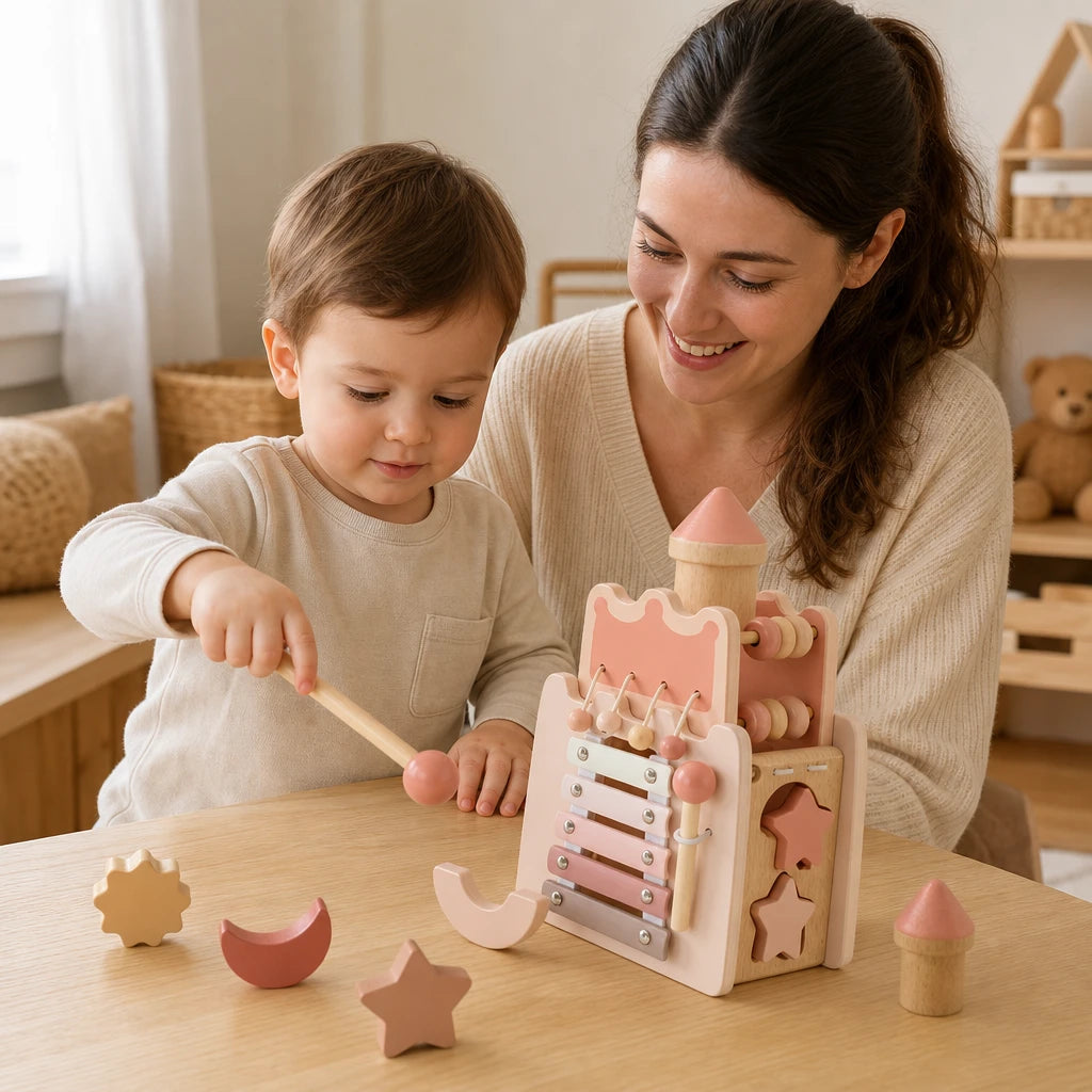 Child playing with the Castle Xylophone Toy with Shape Sorter & Hammer