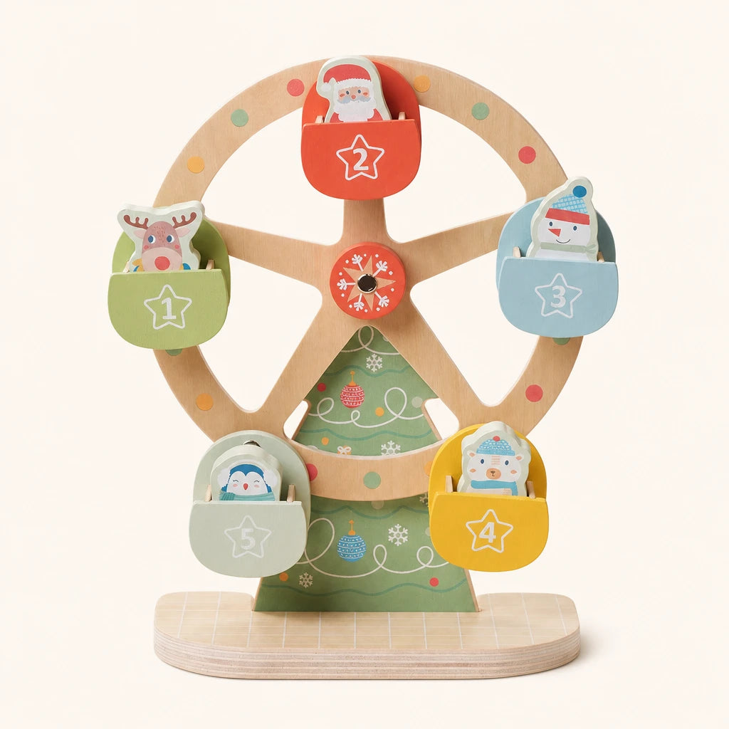 Christmas Ferris Wheel Wooden Toy with 5 Figurines — complete set on a neutral background