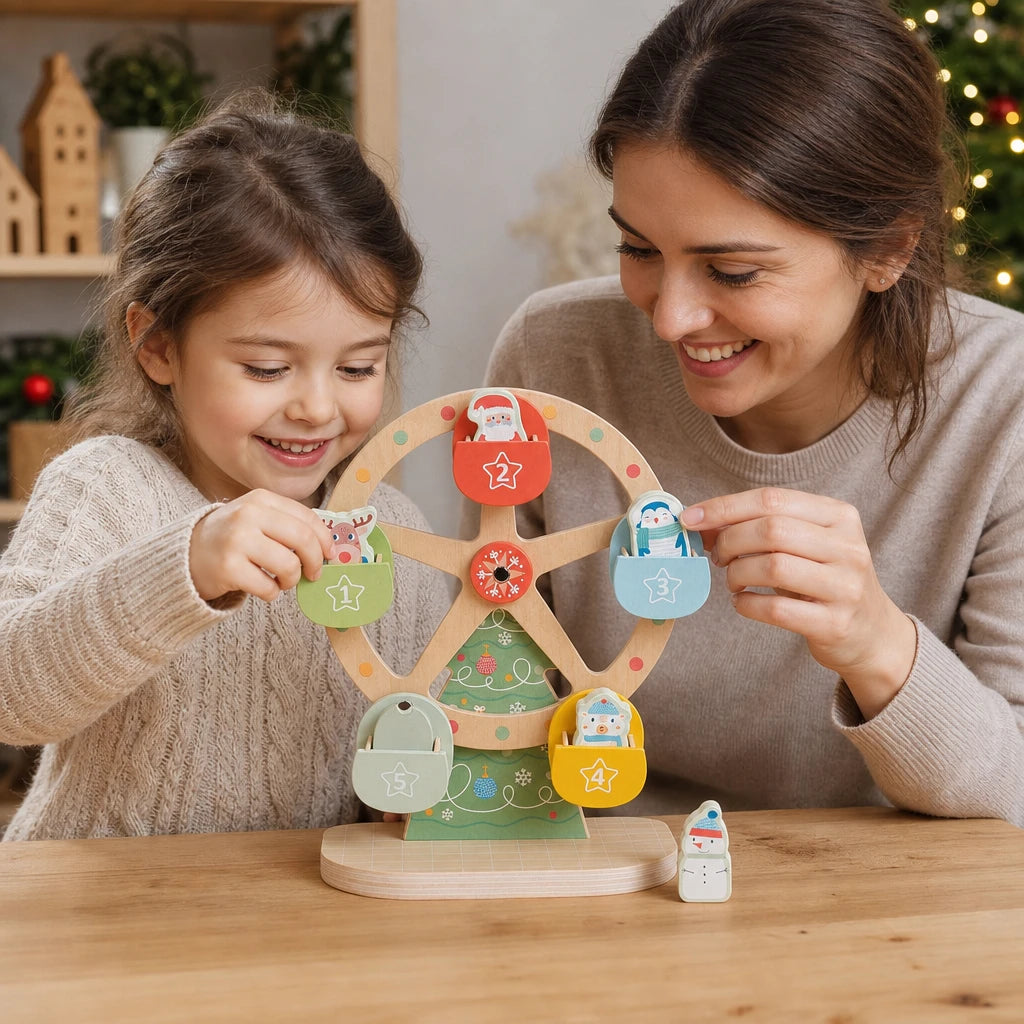 Child using the Christmas Ferris Wheel Wooden Toy with 5 Figurines