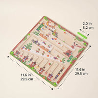 Magnetic maze board seen from above, shown with dimensions
