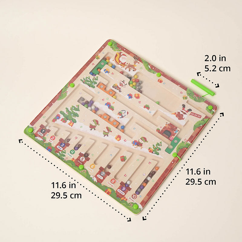 Magnetic maze board seen from above, shown with dimensions