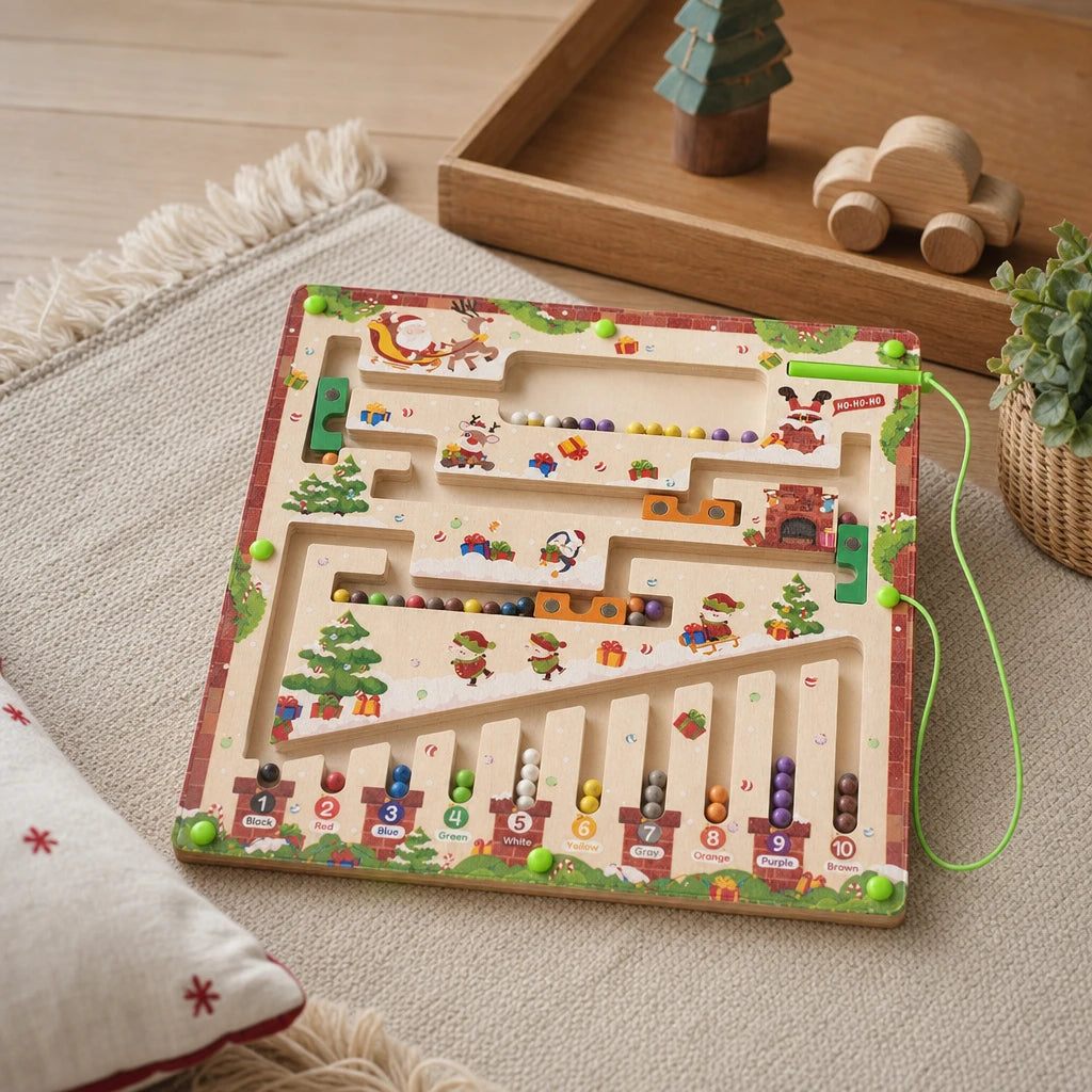 Christmas Magnetic Maze Wooden Learning Game set out on a real table at home