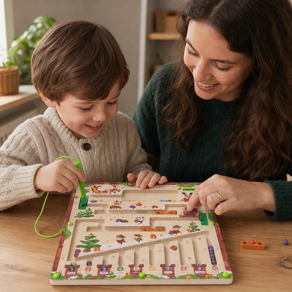 Child playing with the Christmas Magnetic Maze Wooden Learning Game