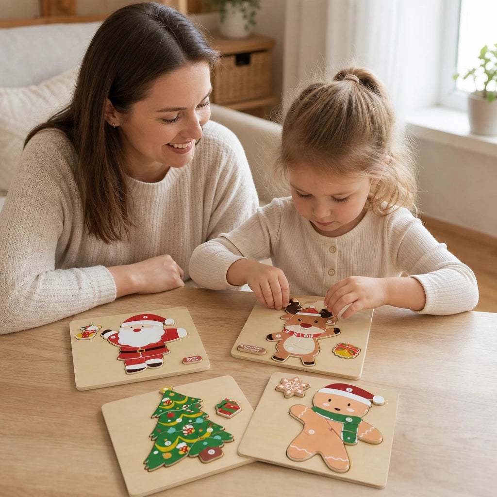Child playing with the Christmas Puzzle Toddler - 4-Piece Wooden Holiday Set