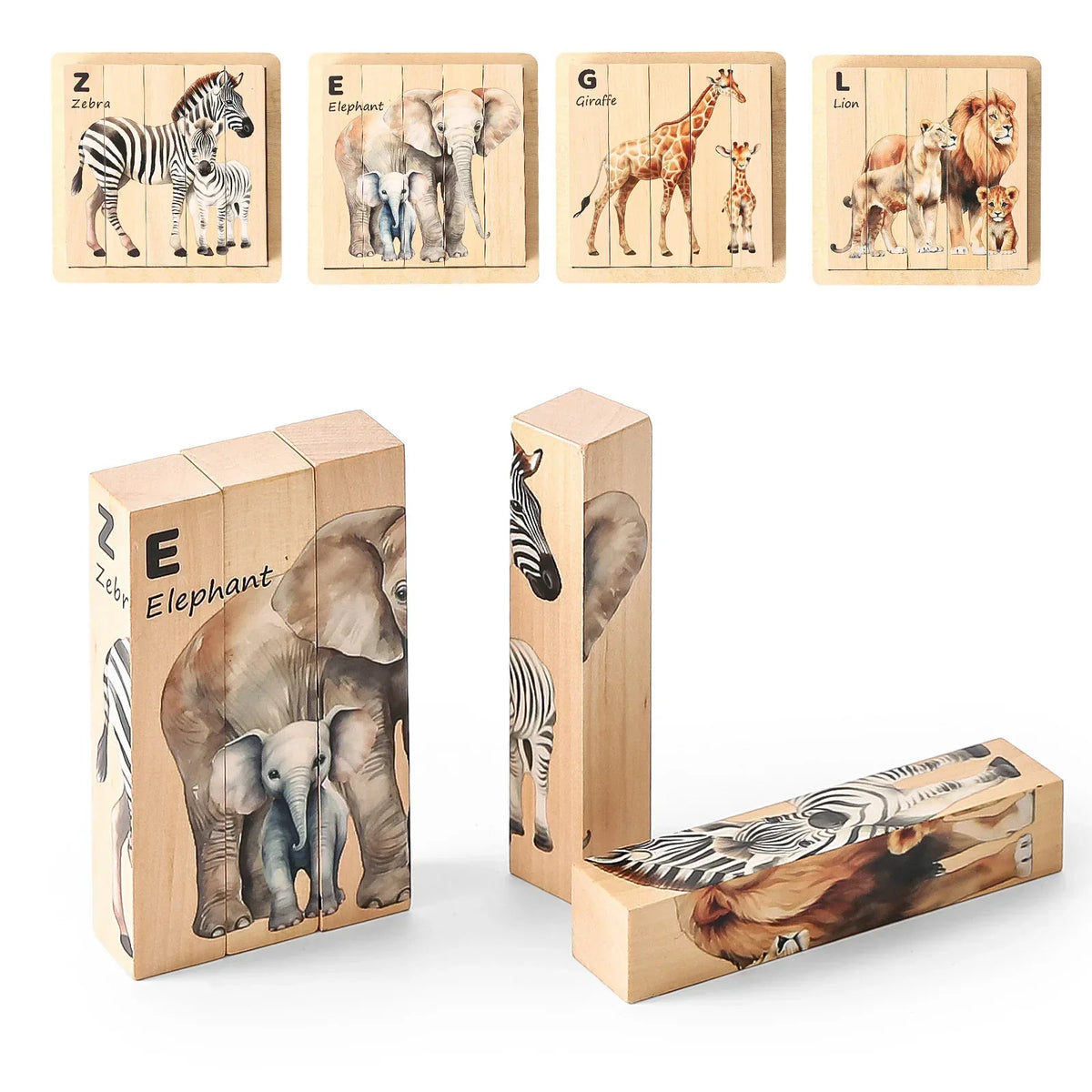 Rotating animal puzzle blocks displaying zebra, elephant and giraffe