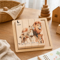 Chunky Animal Puzzle 4-in-1 Rotating Wooden Set set out on a real table at home