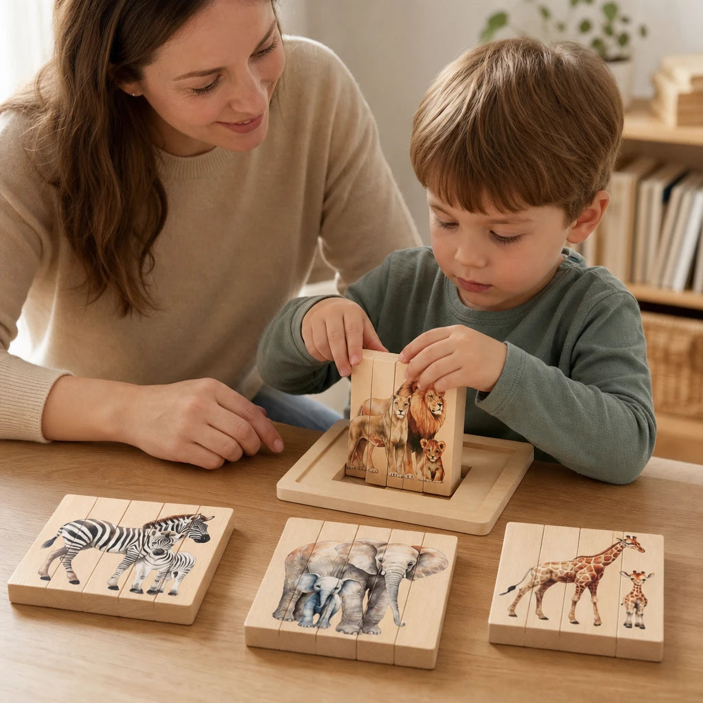 Child playing with the Chunky Animal Puzzle 4-in-1 Rotating Wooden Set