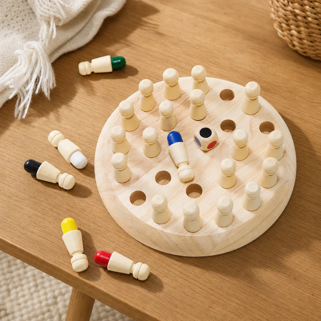 Color Matching Game - Wooden Memory Board for Kids set out on a real table at home