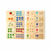 Counting board tiles showing fruit, animals, numerals and dot patterns