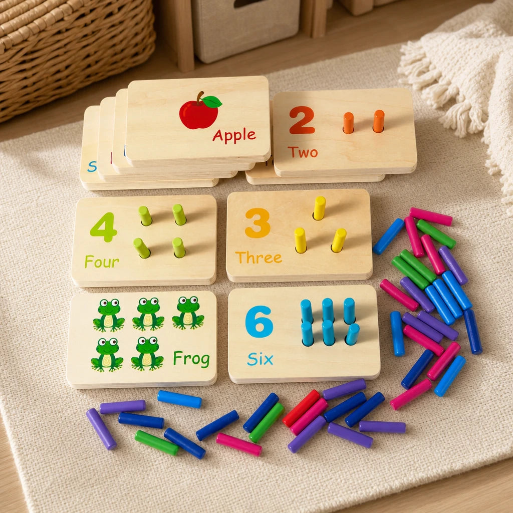 Counting Board with Number Matching Pegs set out on a real table at home