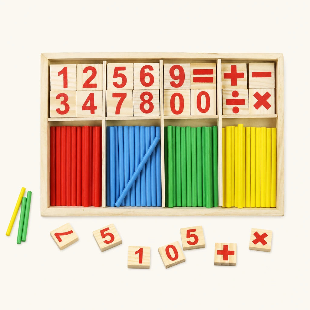 Counting Sticks Wooden Math Learning Set shown complete on a plain background