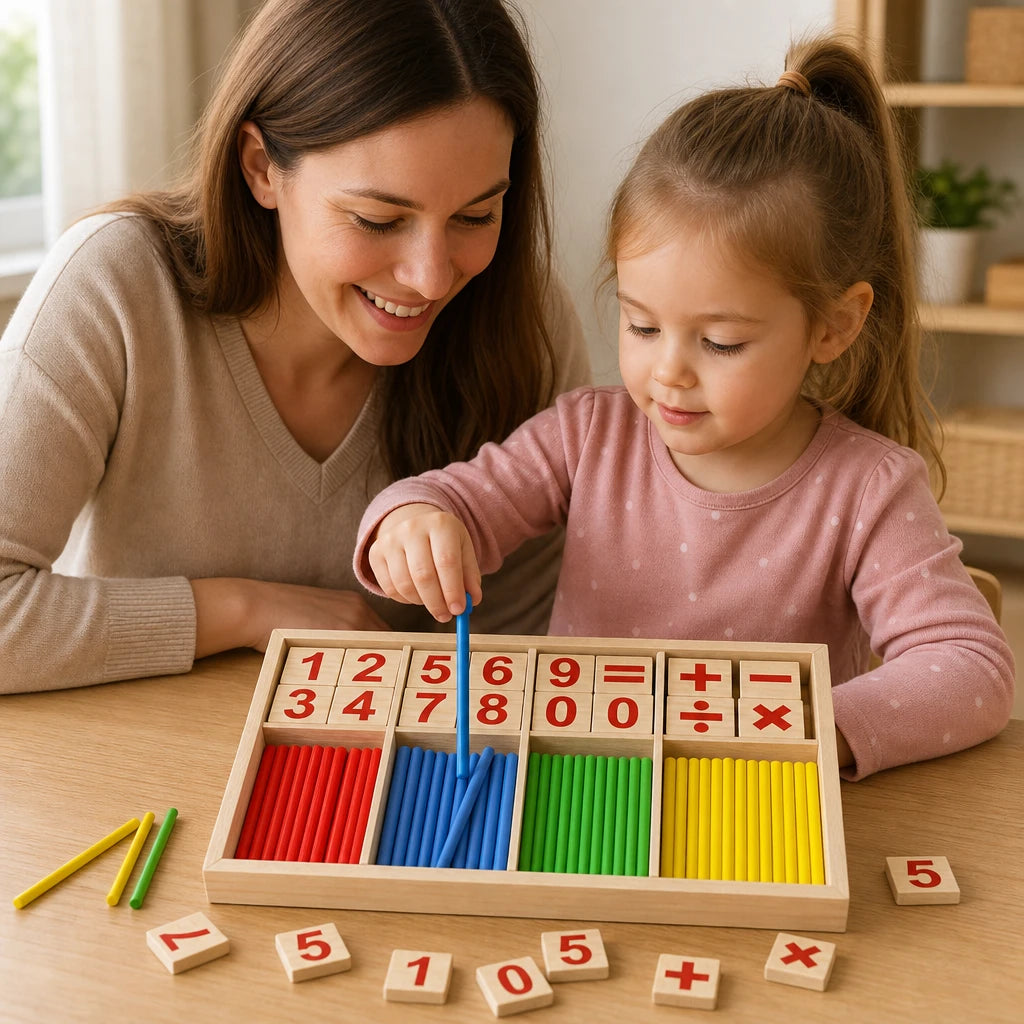 Child playing with the Counting Sticks Wooden Math Learning Set