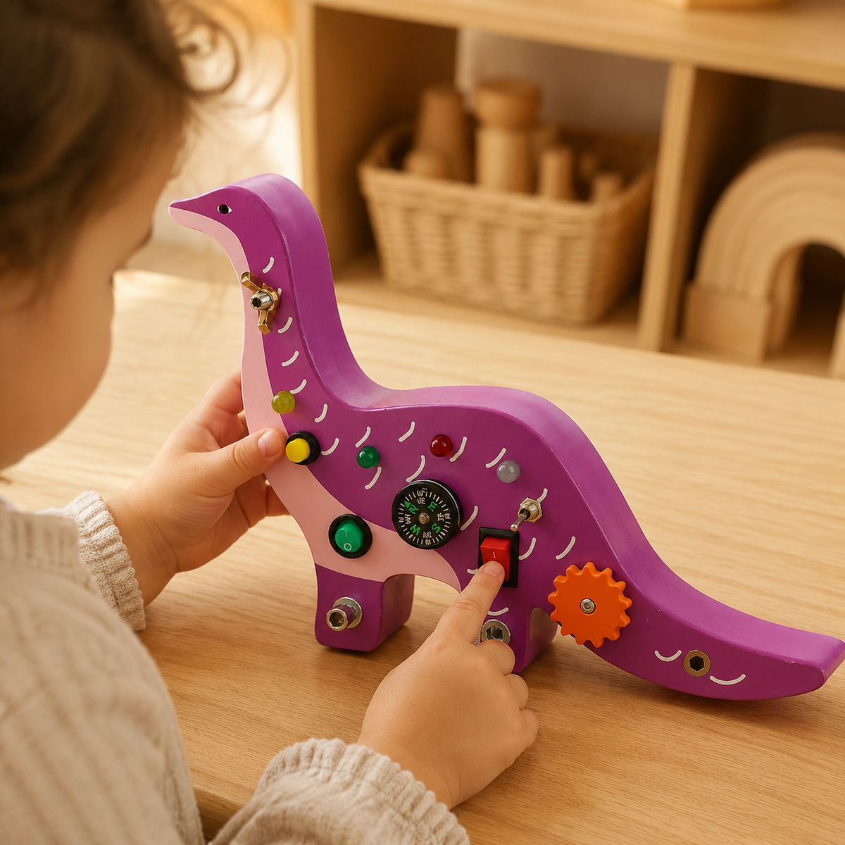Dinosaur Busy Board Brachiosaurus LED Switches - utilisation close up